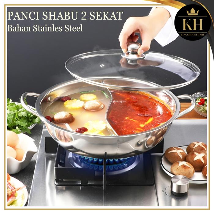 Panci Shabu 28 dan 30 Cm Tutup Kaca Panci Sekat Hotpot Steamboat Stainless