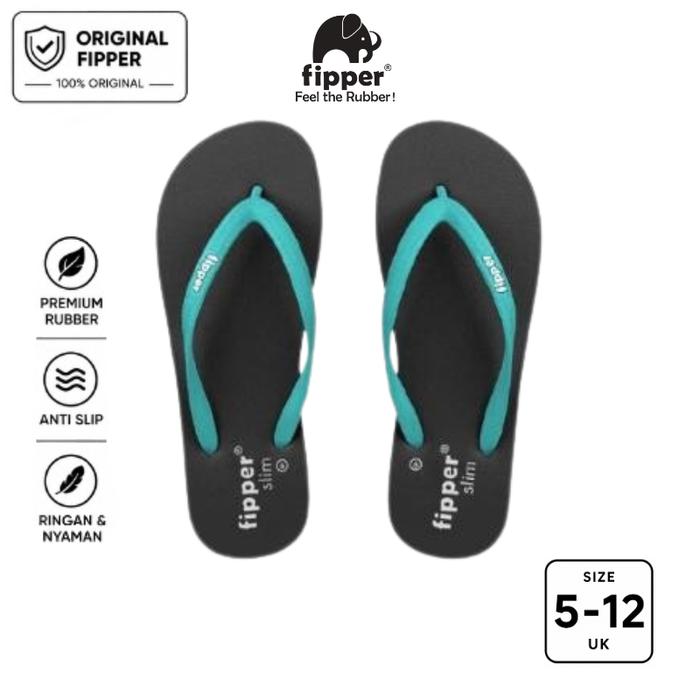 Fipper Slim Sandal Jepit Anti Slip Wanita Original Ringan Nyaman Hitam Black / Turquoise