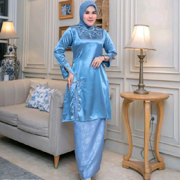 Promo [Bonus Hijab] Setelan Tunik Mahalini Kebaya Malaysia Kebaya Modern Melayu Pola Polos Kombinasi