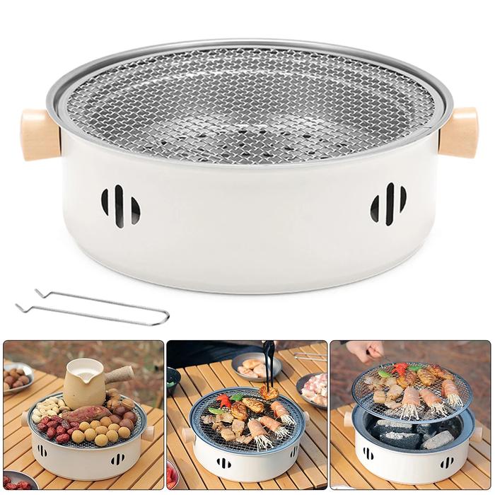 Round Barbecue Grill Portable Charcoal Barbecue Grill with Grill Net Barbecue Grill Pan Multifunctio
