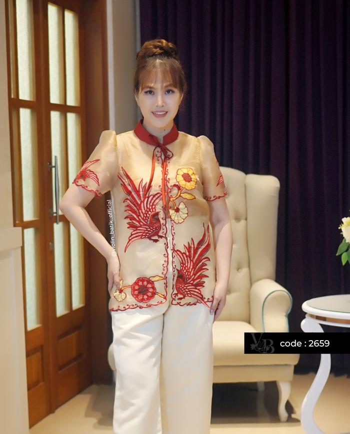 Violin Batik Outer Organza Bordir Perca Hong Gold Merah 2659