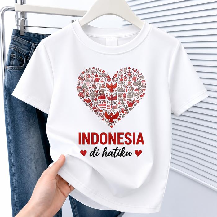 Kaos Crop Wanita Putih Indonesia Di Hatiku Motif Hati Full Ikon Budaya Nusantara Premium Katun Lembu