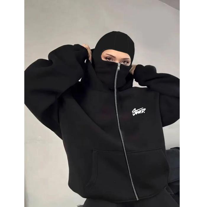 Hoodie Boxy Balaclava Hitam Motif Stwd Zipper / Pullover Hoodie Fashion Unisex Korean Style
