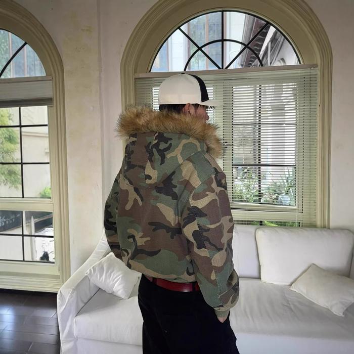 Men Fashion Camoufae Warm Jacket Fleece Lined Thick Thermal Faux Fur Overcoat Revisable Parkas With