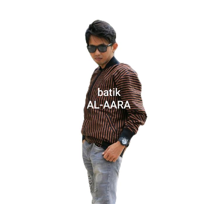 Batik AL-AARA Jaket Batik Bomber Lurik Sogan Pria Motif Hitam Panjang Dewasa Casual Baju Katun Biru 
