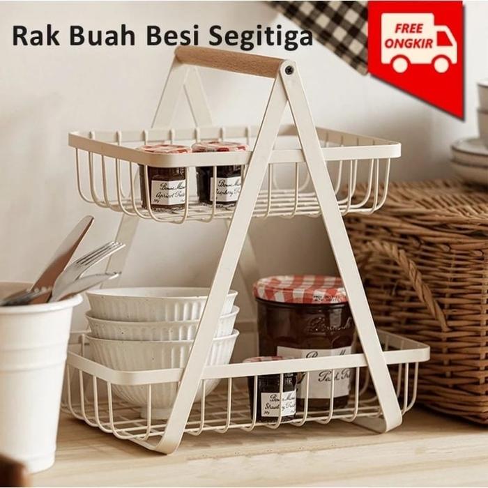 Rak Buah Rak Makanan Snack Segitiga Besi 2 Susun Gagang Kayu