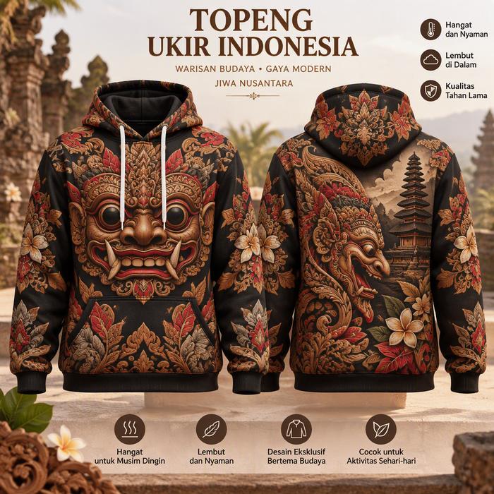 Hoodie Pria Wanita Motif Barong Bali dan Wayang Tradisional Indonesia Warna Hitam, Jaket Pullover Be