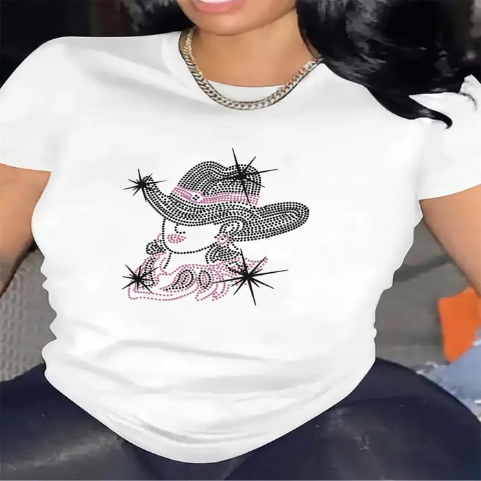 Wo's Sparkling Rhinestone T-Shirt - Short Sve Blouse with Shimmering Top, hine Washable Round Neck S
