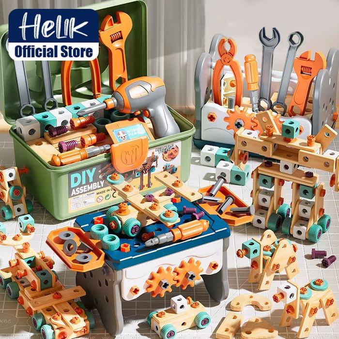 HELIK 182PCS Mainan Set Perbaikan Sekrup Bor Listrik Anak Bor Listrik Tool Set Simulasi DIY Mainan E