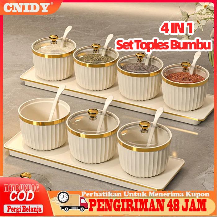 【COD】Tempat Bumbu Dapur Set Sendok 4IN1 / Wadah Bumbu Aesthetic / Penyimpanan Gula Garam Dapur Serba