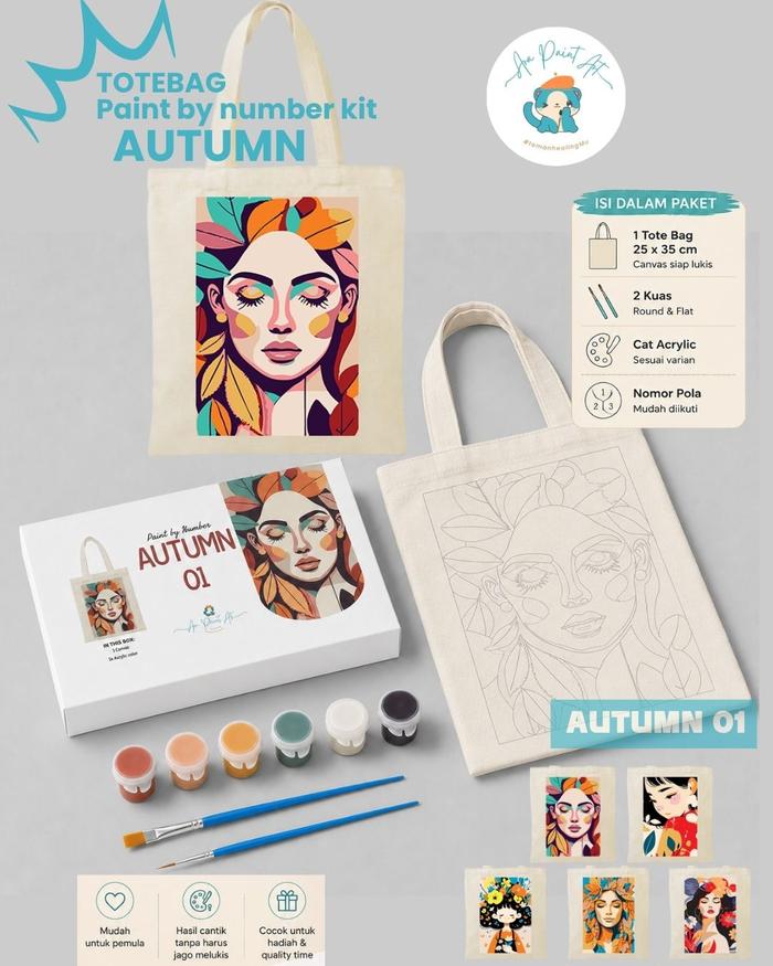 Ara paint art Totebag paint by number kit 25X35 | set lukis totebag Autumn | Tas Blacu Tote Bag Pain