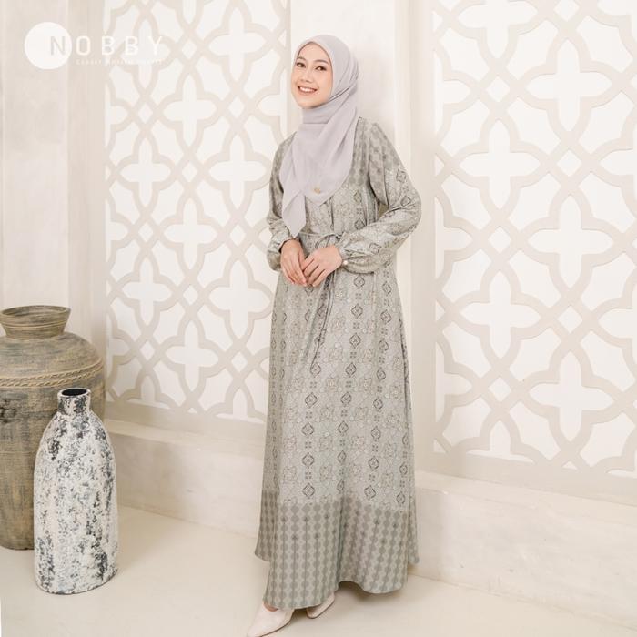 Promo Guncang Nobby Nandini Dress Gamis Muslim Wanita Bahan Satin Silk Motif Print Busui Friendly So