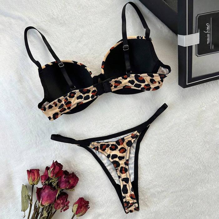Y Leopard Print Bra And Panty Set Comfortable Gathered Underwear Set Fixed Strap Back Double Buckle