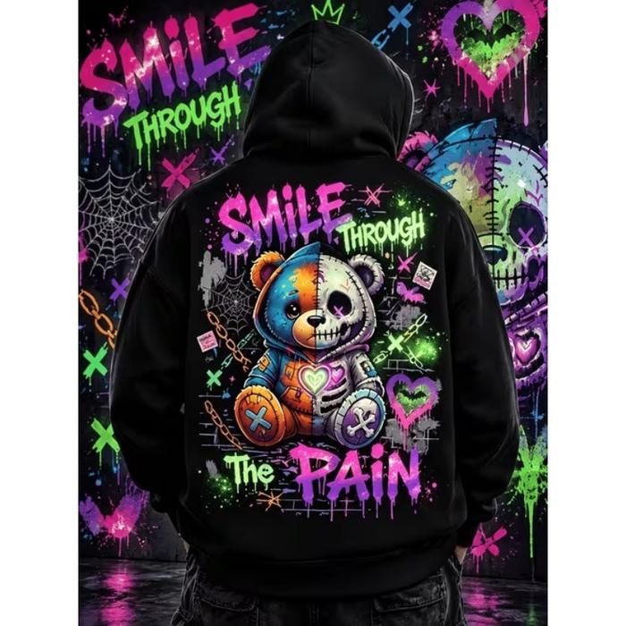 Hoodie Pria Wanita Warna Hitam Motif Grafiti Beruang Boneka dan Tulisan Smile Through The Pain, Hood