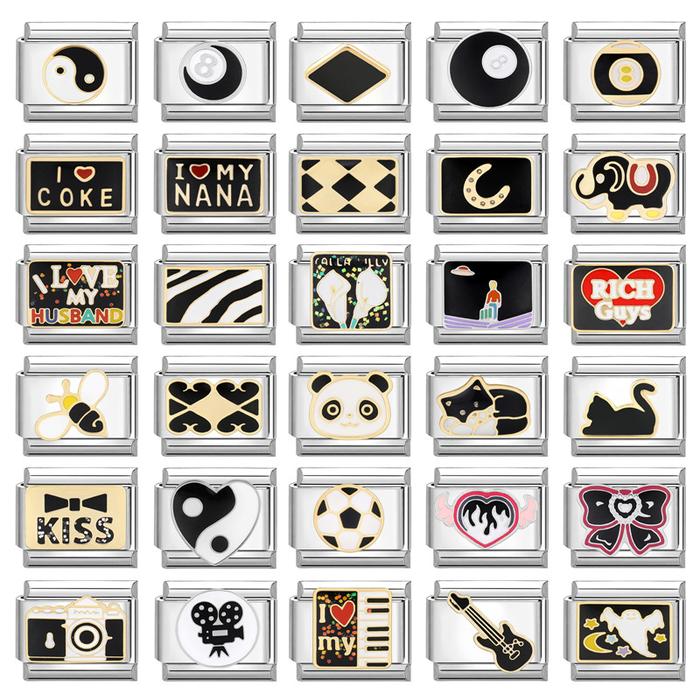 New Fashion Black Heart Cat Moon Piano Camera Italian Charm Links Fit 9mm Stainless Steel Bracelet M