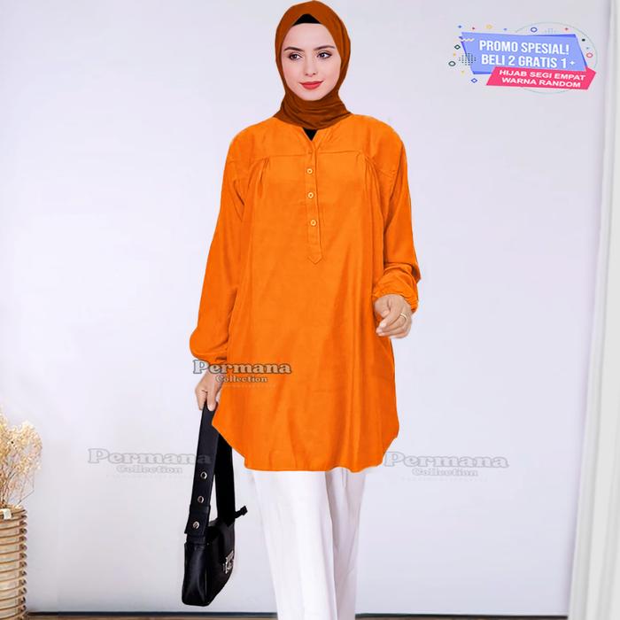 [Ready] - Baju Atasan Blouse Kemeja Lengan Panjang Busana Muslim Wanita Jumbo Size Polos Warna Orang
