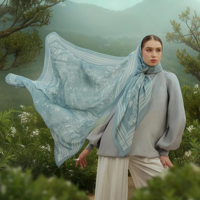 IVAN GUNAWAN PRIVE Jardin Blue Scarf by IVAN GUNAWAN ORIGINAL - Hijab Jilbab Segi Empat Motif Biru M