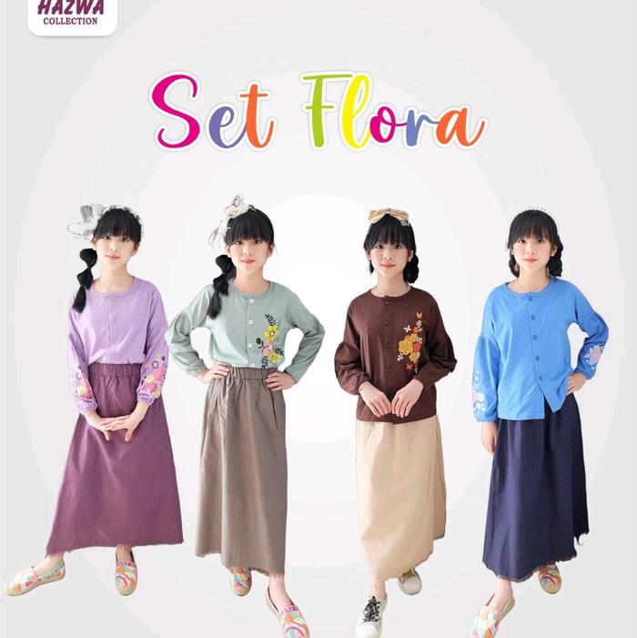 Set Rok Panjang Anak Perempuan Remaja Glamoas GL Setelan Rok Rami Bunga Lengan panjang