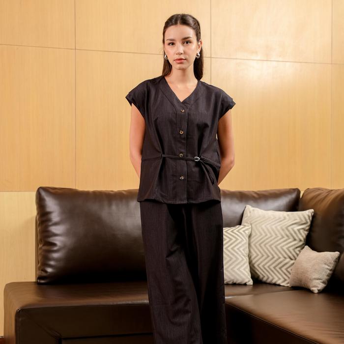 Asiro Ginka One Set Woolstrech One Set Denim Setelan Atasan dan Celana Setelan Wanita Kekinian Korea