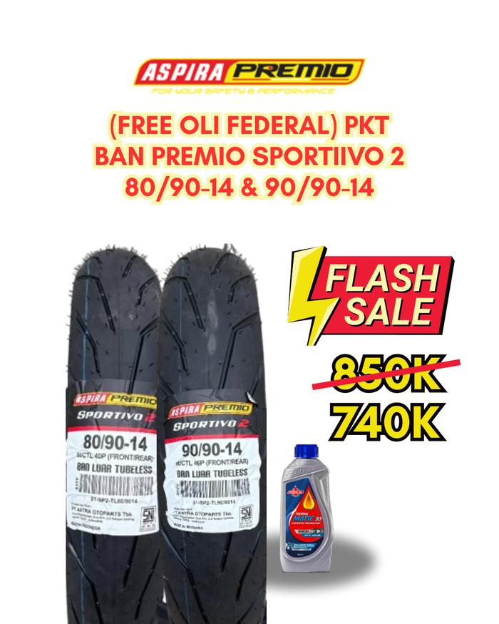 (FREE OLI FEDERAL) PKT BAN PREMIO SPORTIVO-2 80/90-14 & 90/90-14 TUBELESS BAN MOTOR MATIC