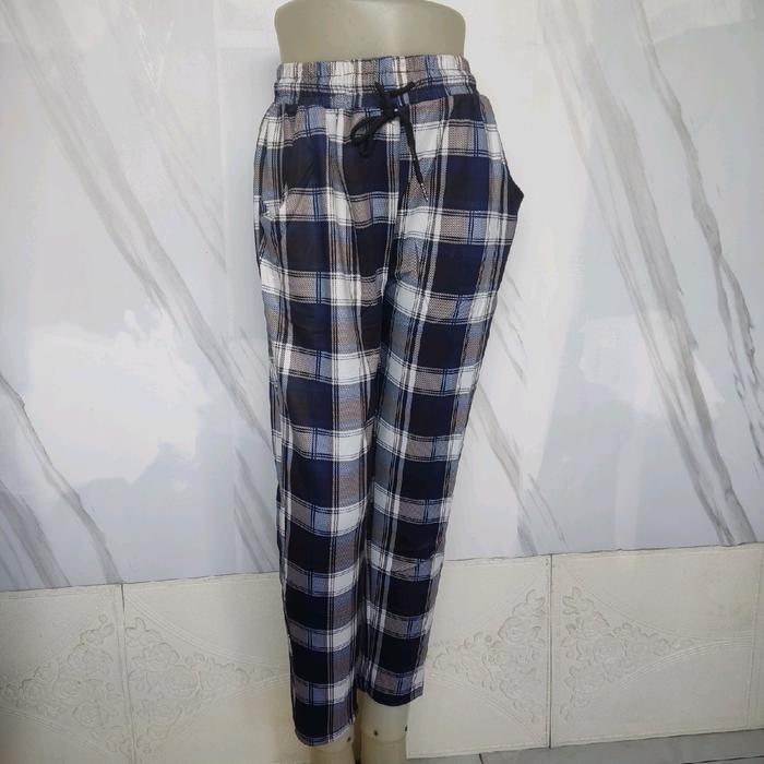 celana fashion Mawi motif kotak biru Kantong Lembut Panjang Santai