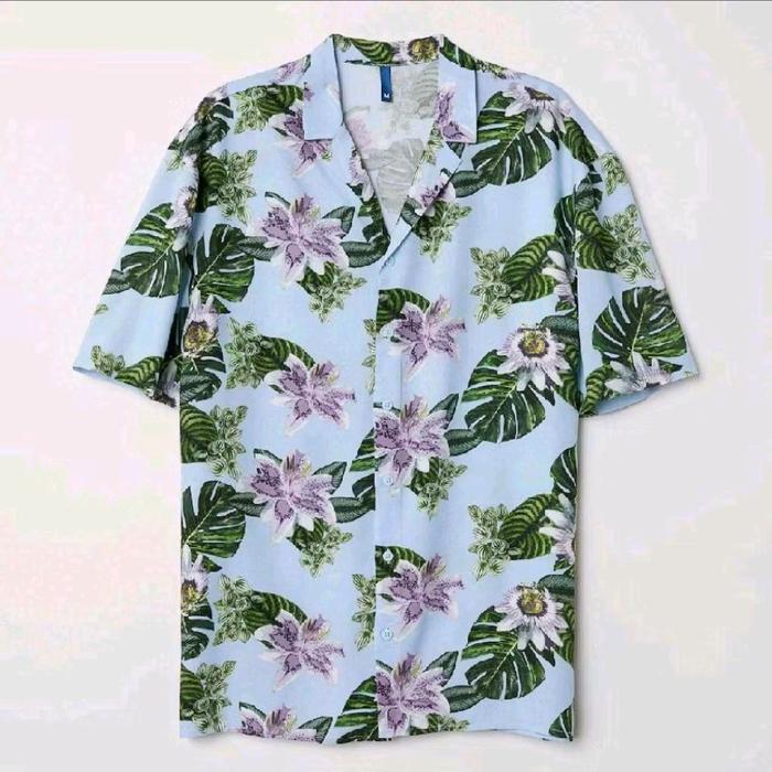 HM Relaxed fit resort shirt - Blue/Floral (kemeja pantai pria) (HM27)(RA 4-2)