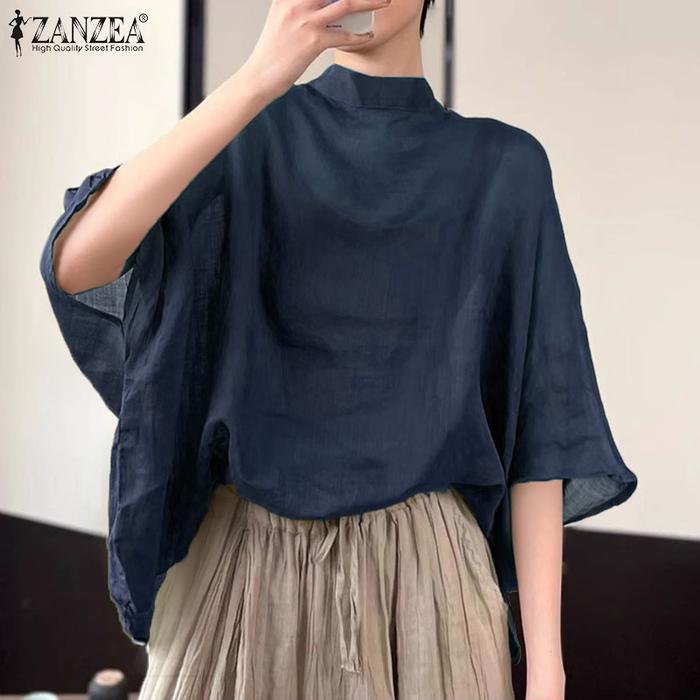 ZANZEA Women Bat Half Sleeve Blouse Autumn Asymmetrical Tops Thin Stand Collar Tunic Casual Loose Tr