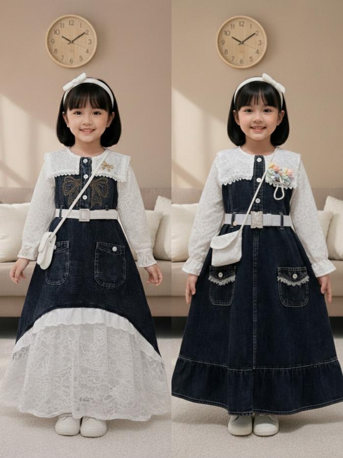 Gamis Ameena Anak Perempuan Dress Jeans Snow Black Mix Brukat Premium (Free Tas & Belt) Terbaru Hadi