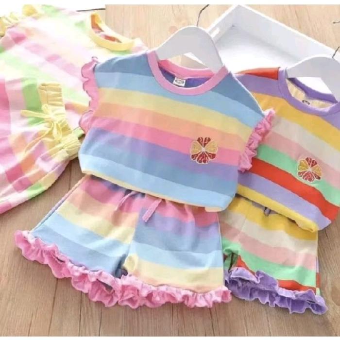 SETELAN ANAK CEWEK REMPEL PELANGI KEKINIAN//ONE SET BAJU ANAK CEWEK KECE PELANGI 1 - 3 tahun