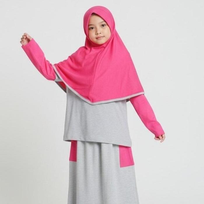Mamanda Gamis Anak, Mamanda Hommy Dress 3 Pieces, Sporty Grey Mint, Grey Pink, Baju Muslim Anak Nyam