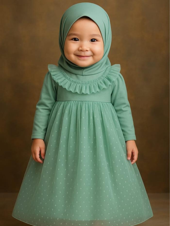 Gamis Hijab Bayi Renda Tutu Tile Dotti (0 - 4 tahun) Pakaian Muslim Anak Balita Perempuan Katun Hija