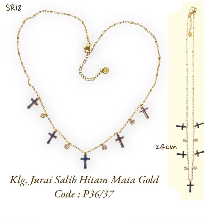 Kalung Jurai Salib Hitam Mata Gold - Souvenir Katolik