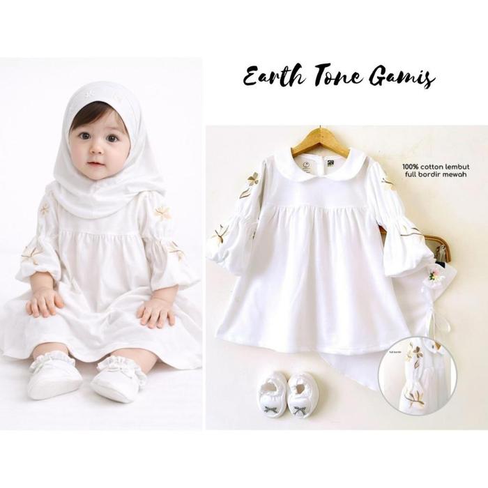 Baju setelan dress muslim lebaran gamis bandana sepatu lucu cantik anak bayi cewek AQIQAH PURE WHITE