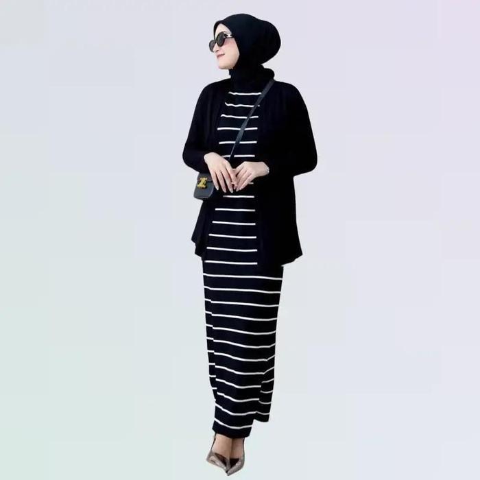 Terbaik Long Dress Rajut Wanita Basic Inner Span Strip Tanpa Lengan - 2 ukuran Casual Garis Terimaka