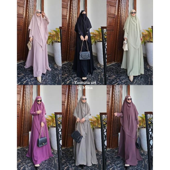 Gamis Khimar Set Premium Bahan French Katun Elegan Mona Syari Ukuran M