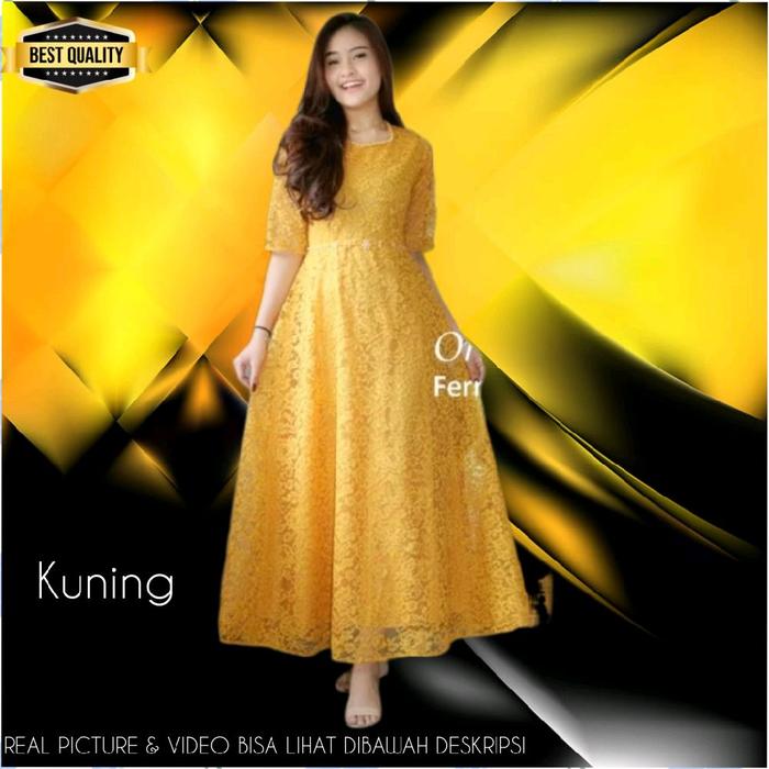 Baju Gaun Pesta Brukat Wanita Anieta Gamis Dress Panjang Dewasa Abaya Brokat Maxi Kondangan Kuning