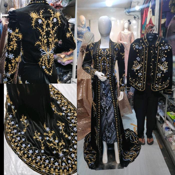 kebaya pengantin jawa bahan bludru kutubaru hitam payet biru / payet emas / merah maroon