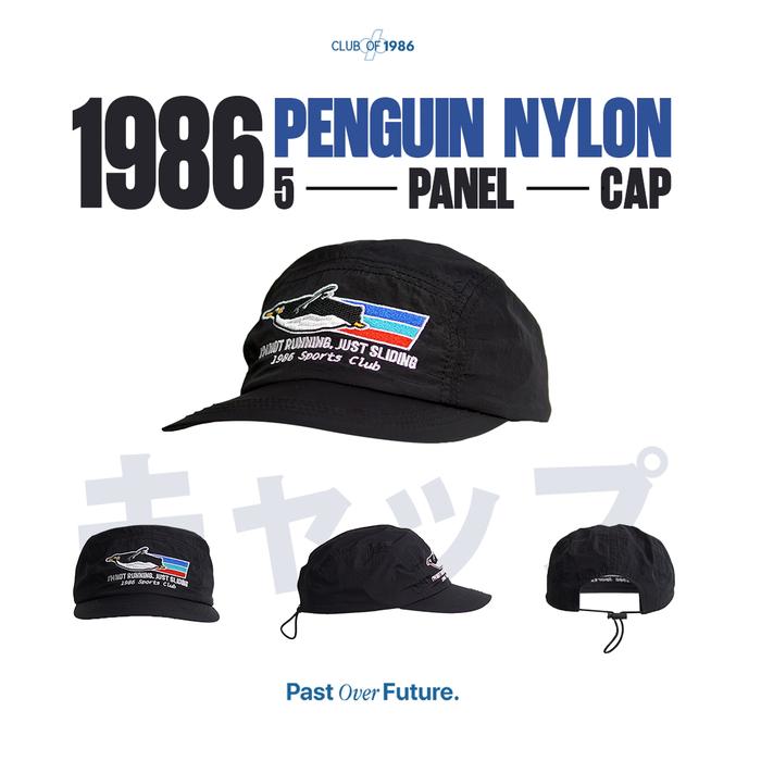 Club of 1986 Sliding Penguin Retro Nylon 5 Panel Cap / Topi Nilon Vintage Classic Tali Serut