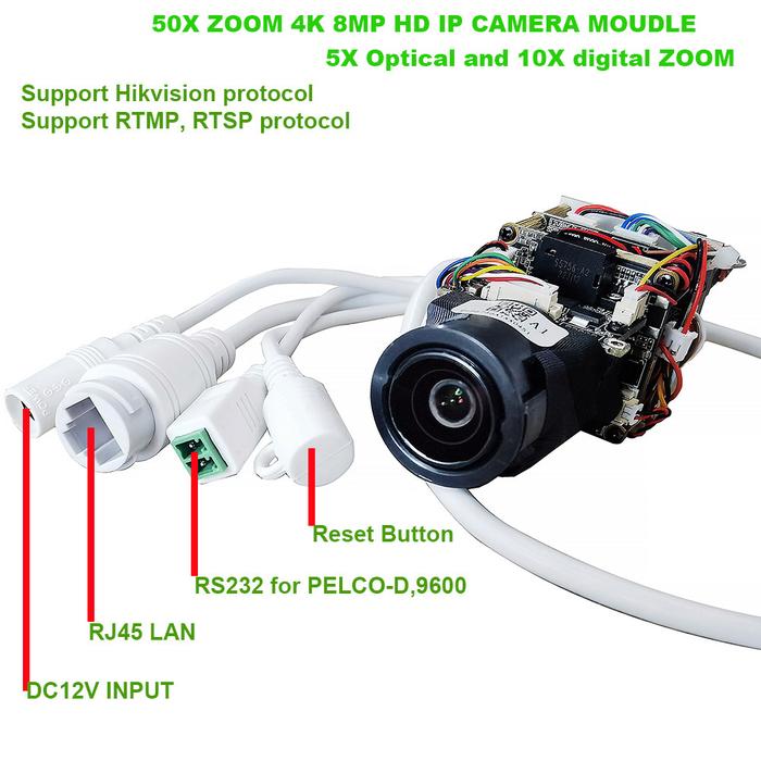 4K 8MP 50X zoom IMX415 POE IP Camera Hikvision protocol RTMP