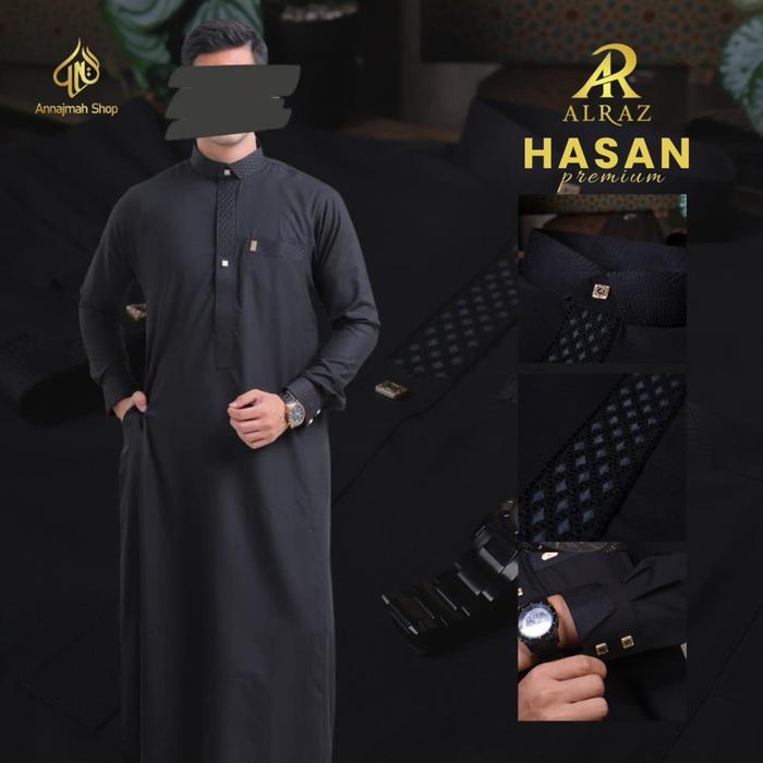 Jubah Al Raz HASAN Hitam Gamis Pria Alraz Muslim Dewasa Remaja Panjang Bordir Arab
