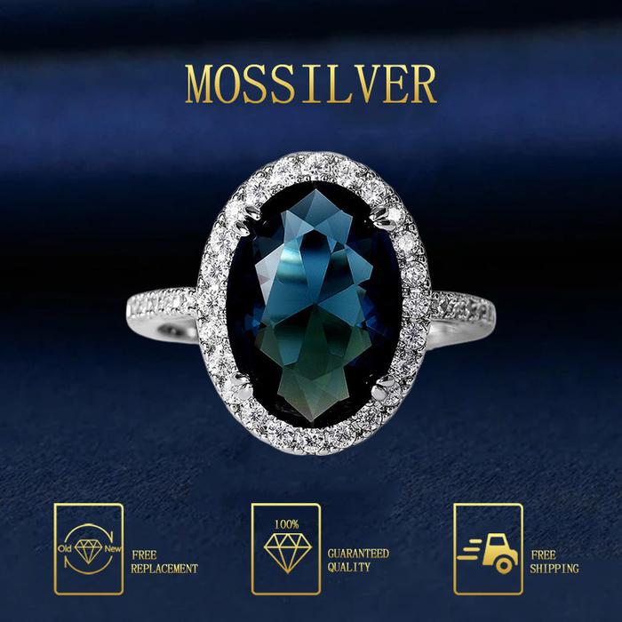 MOSSILVER Cincin Zirkon Biru Merak Berbentuk Telur Bertatahkan FashionElegance