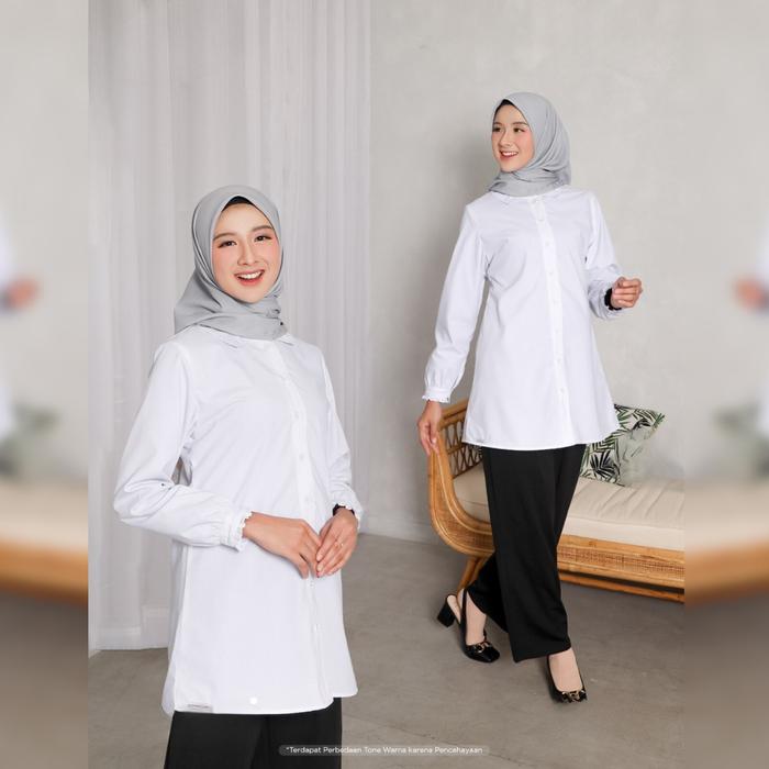 NAOMI UNIFORM 02 WHITE BY ETHICA BAHAN VALDENA ATASAN TUNIK MODEL KEMEJA PUTIH WANITA UNTUK KERJA