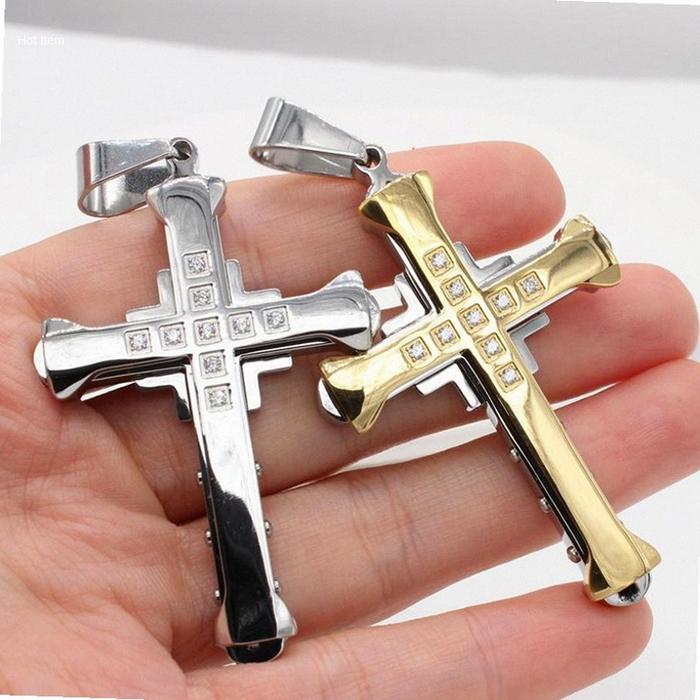 Kalung Liontin Baja Titanium Salib besar Pria Bertatahkan Berlian | Hot Item