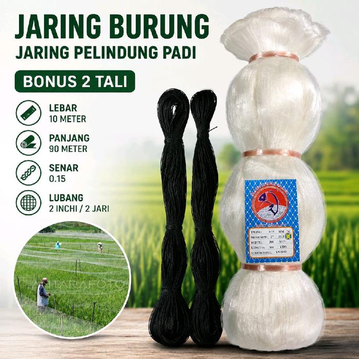 Jaring Burung dan Tanaman Padi 10x90 Meter Senar 0.15 Lubang 2 Inchi untuk Perlindungan Tanaman dan 