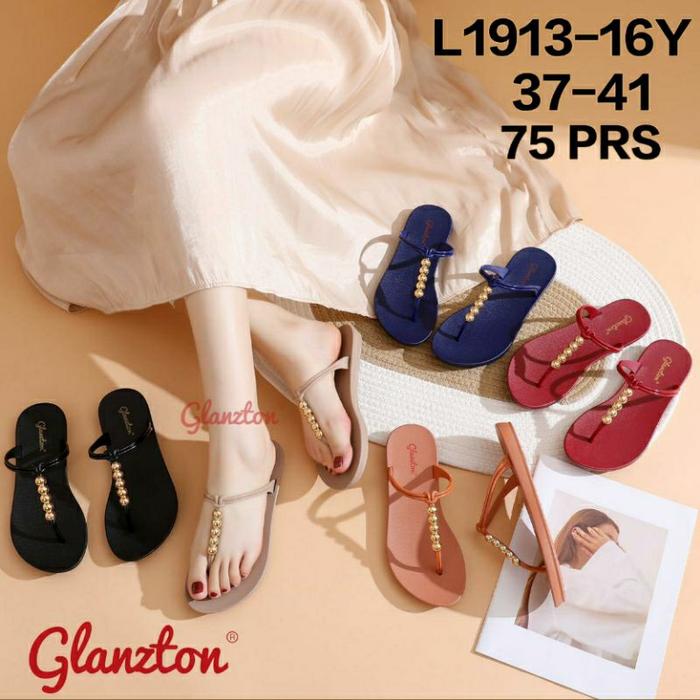 L1913-16 Sandal Glanzton Tali Kabel Chrome Bulat Terbaru Wanita Jepit Karet Sendal Flat Japit Jelly