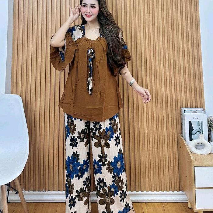 Set Cap Zunaira,Pakaian Setalan Panjang/ Pendek Wanita Dewasa,Celana Kulot Wanita,Baju Batik Atasan 