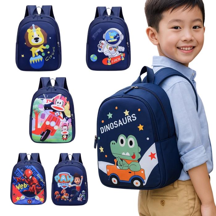 RANSEL ANAK PAUD TK SD MUAT BUKU LKS MOTIF LUCU RESLETING BAHAN KANVAS KUAT TEBAL WARNA NAVY - RANSE