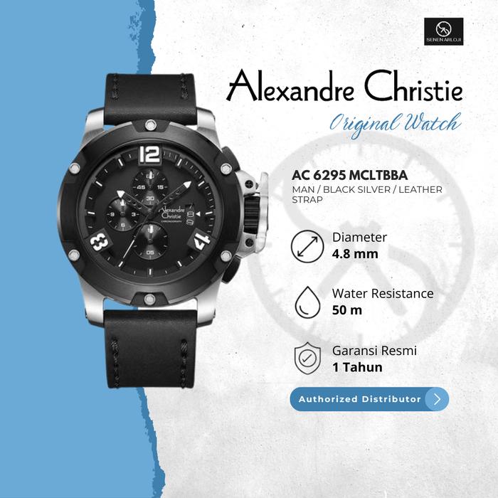 Jam Tangan Pria Alexandre Christie AC 6295 Original Strap Leather - Black Silver Quartz Watches Stai