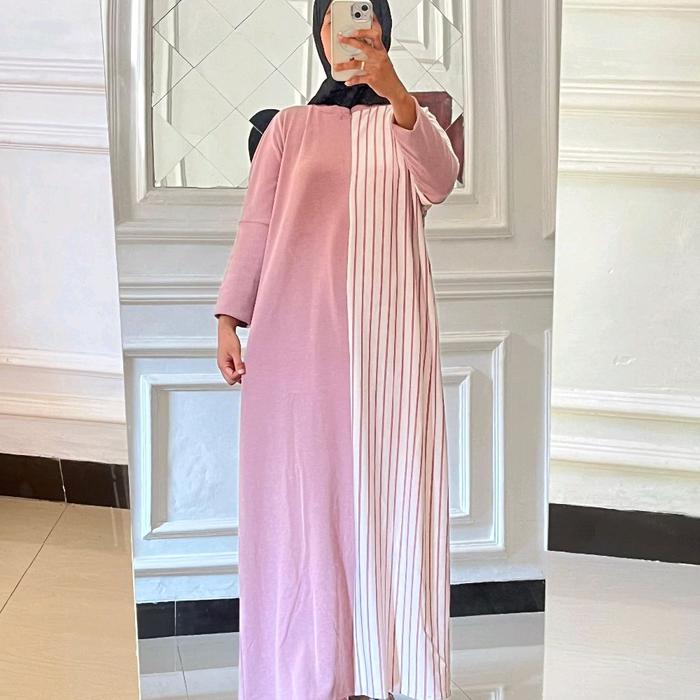 Gamis MIDI DRESS Batwing Two Tone Knit Tebal Busui Frendly Dress Panjang Muslim Kancing Syari Varias