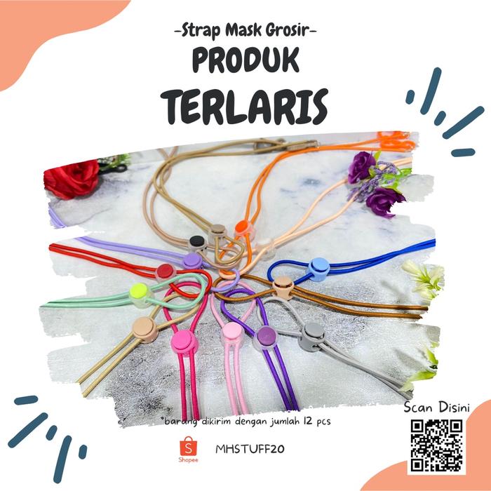 12 pcs / 1Lusin Strap Mask karet polos Tali STRING 2 in1 Kalung Konektor Masker